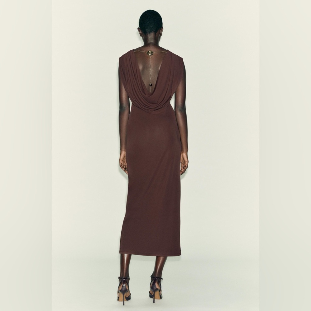 Zara Chocolate Brown Flower Chain Open Back‎ Dress NWT - Picture 3 of 8
